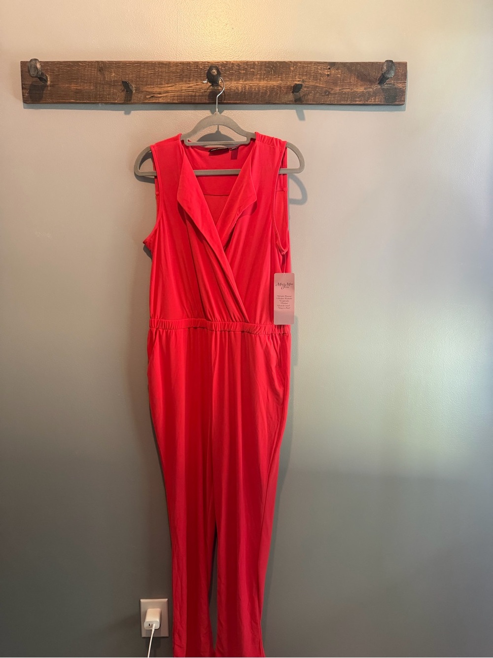 Nina Leonard Coral Red Sleeveless Surplice Jumpsuit